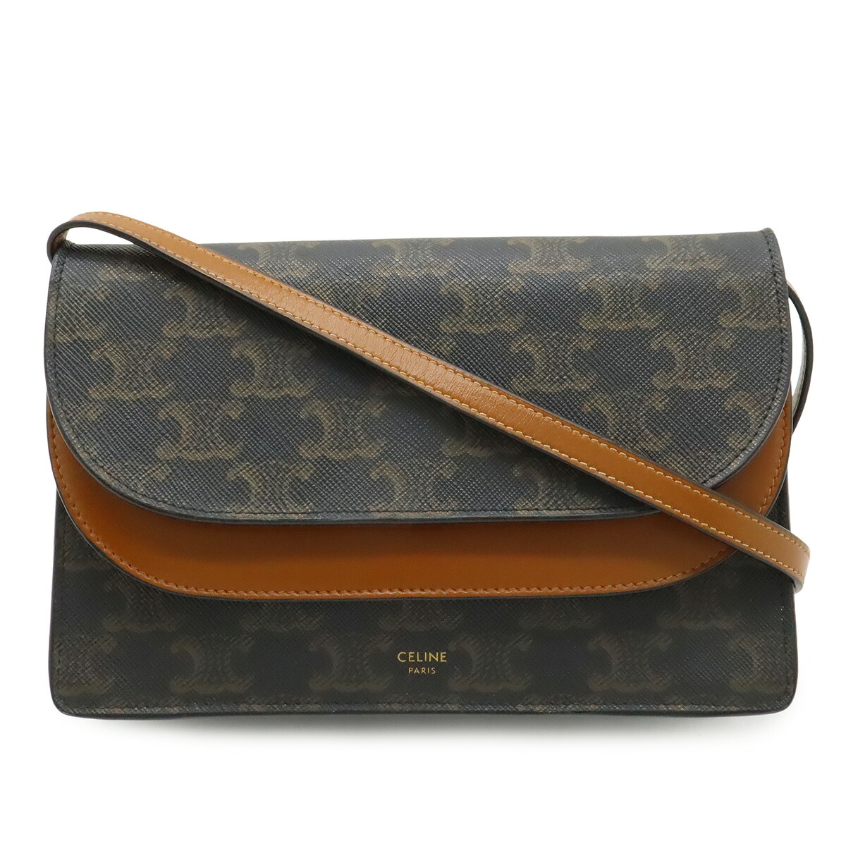 CELINE セリーヌ トリオンフ ストラップウォレット クラッチバッグ 2WAY ショルダーバッグ ポシェット PVC レザー タン ダークブラウン 10D852CG9 【中古】|Blumin 店