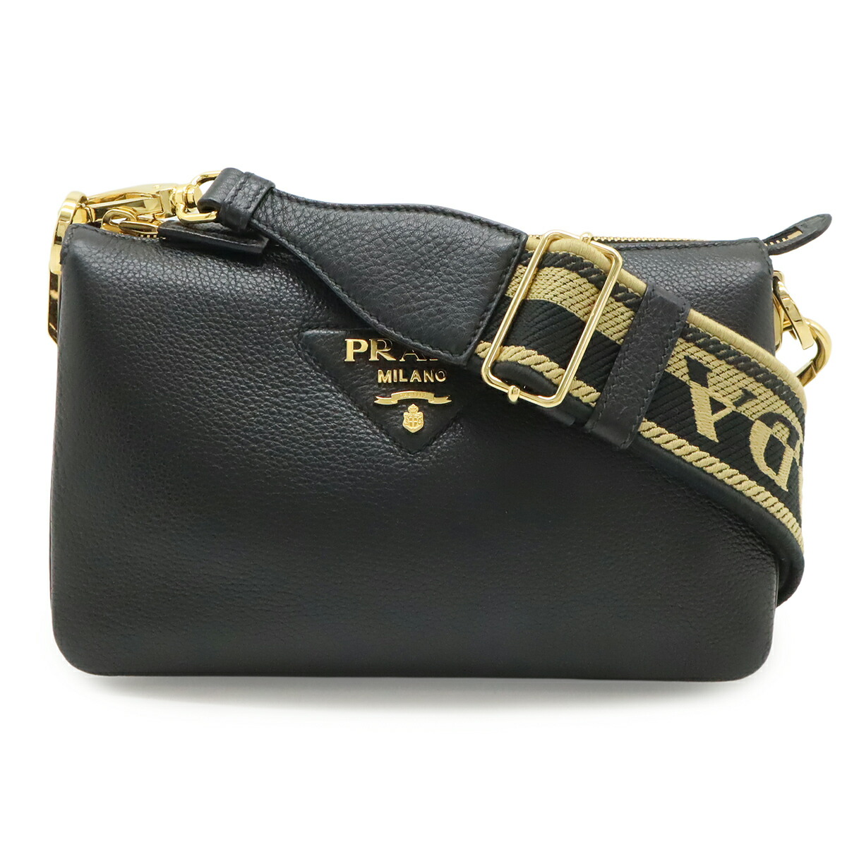 PRADA プラダ ヴィッテロダイノ ロゴタイプ ショルダーバッグ 縞模様肩肉 2WAY クラッチペダル御徒面子 なめし革 NERO 黒 黒いこと ゴールド金具 1BH194 【中古】