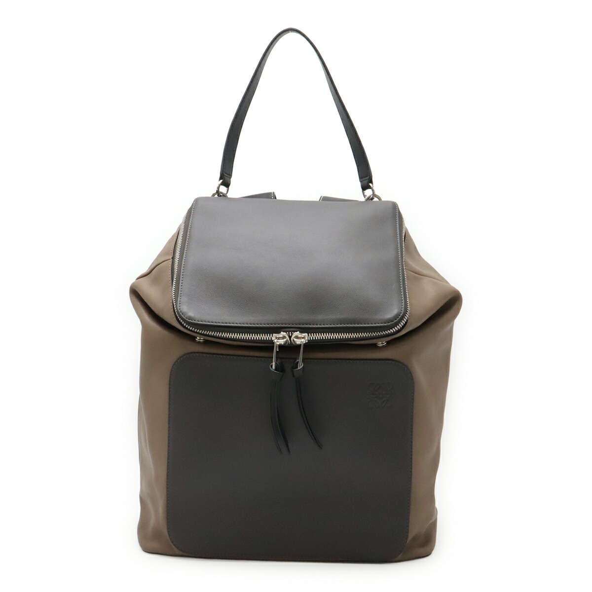 LOEWE ロエベ GOYA ゴヤ うしろ側風呂敷き包み 背嚢 カーフスキン なめし革 モカ赤銅色 薄墨色 黒いこと 黒 しろがね色金具 316.12BS53 【中古】