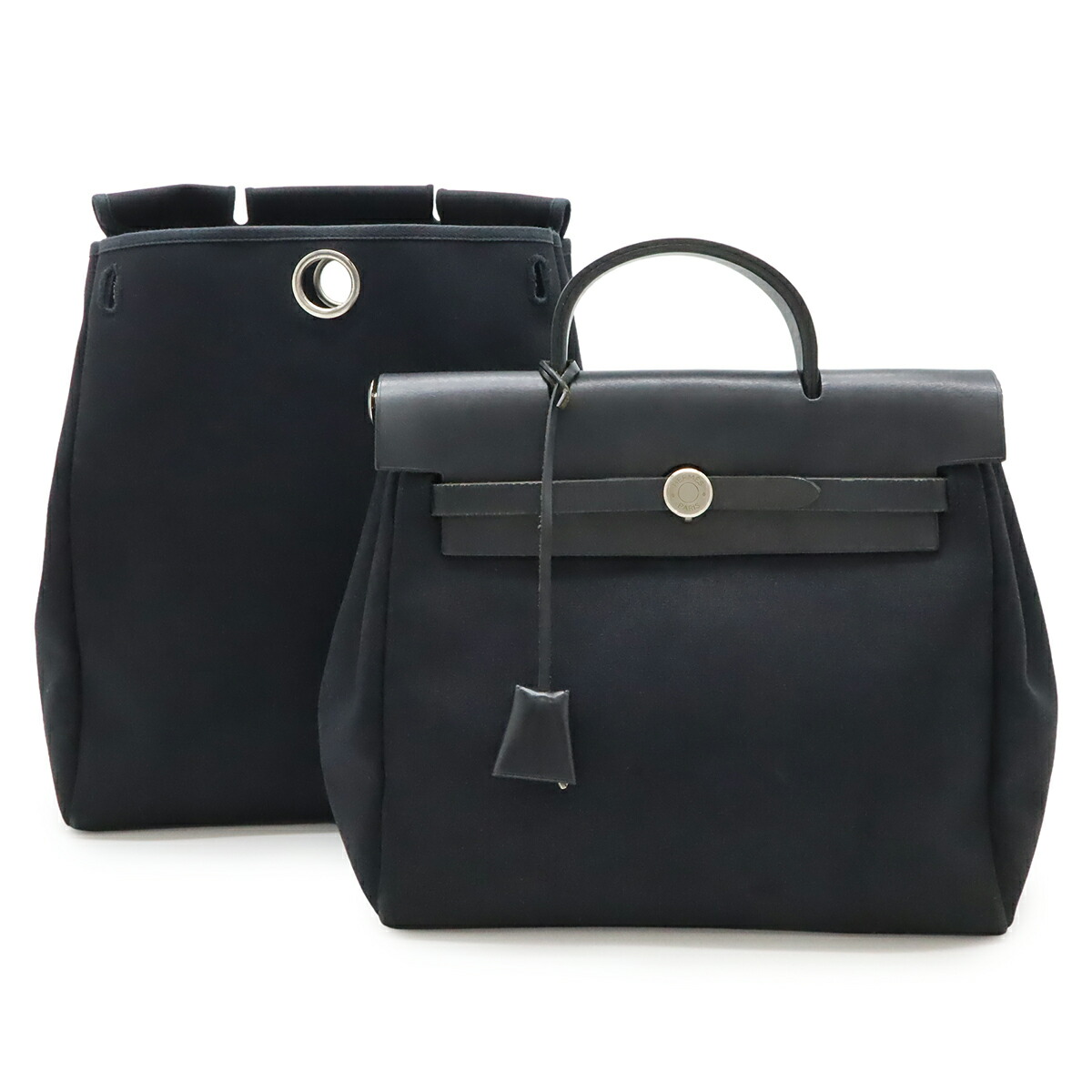 HERMES エルメス 叫びごえ御徒面子 居住地PM 背嚢 うしろ側風呂敷き包み 2WAY ハンドバック トワルオフィシエ なめし革 黒いこと 黒 しろがね色金具 □D目じるし 【中古】