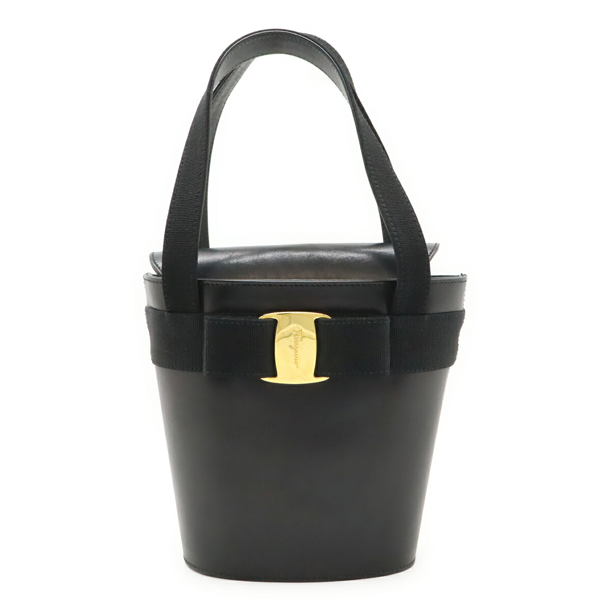 Salvatore Ferragamo サルヴァトーレ フェラガモ ヴァラリボン 井戸釣瓶御徒面子 ハンドバック なめし革 黒いこと 黒 ゴールド金具 BA21 16161 【中古】