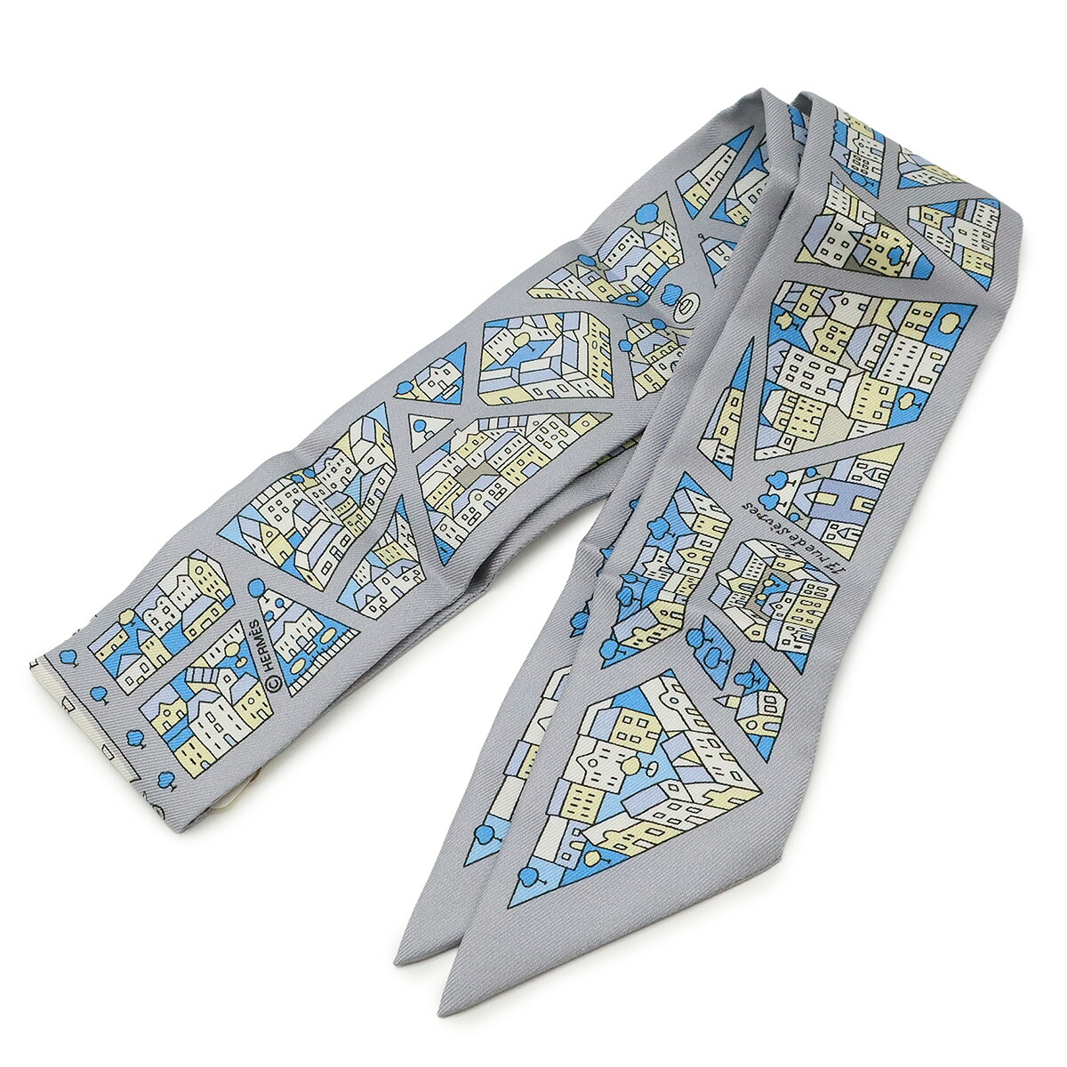 HERMES エルメス TWELL ツイリー ツイル トゥイリー スカーフ バッグアクセサリー Rive Droite Rive Gauche 右岸と左岸 シルク100% グレー 【中古】