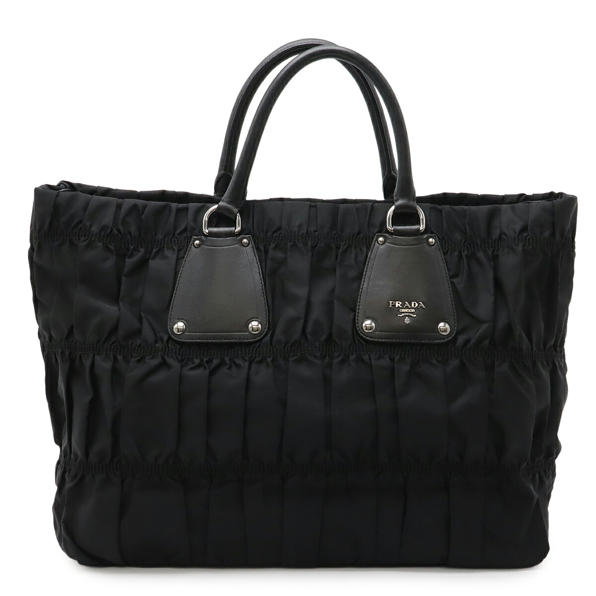 PRADA プラダ ギャザー トートバッグ ラージトート ハンドバッグ ナイロン レザー NERO 黒 ブラック シルバー金具 国内ブティック購入品 BN1232 【中古】 45,370円
