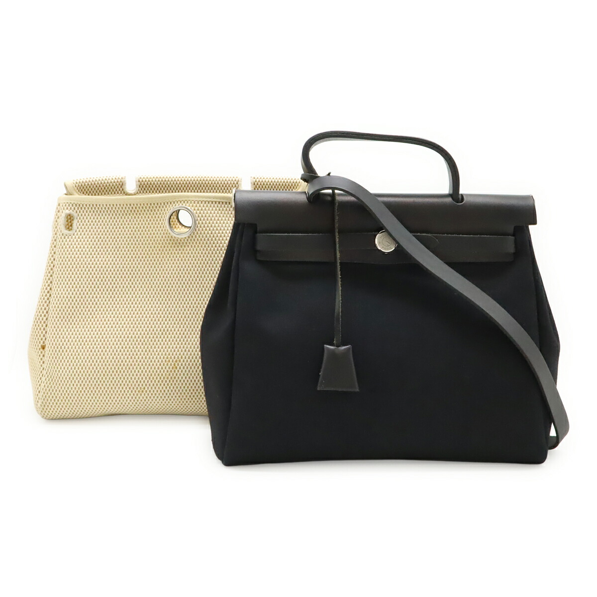 HERMES エルメス 叫びごえ御徒面子PM ハンドバック 2WAY ショルダーバッグ トワルオフィシエ トワルGM なめし革 黒いこと 黒 ベージュ □G目じるし 【中古】