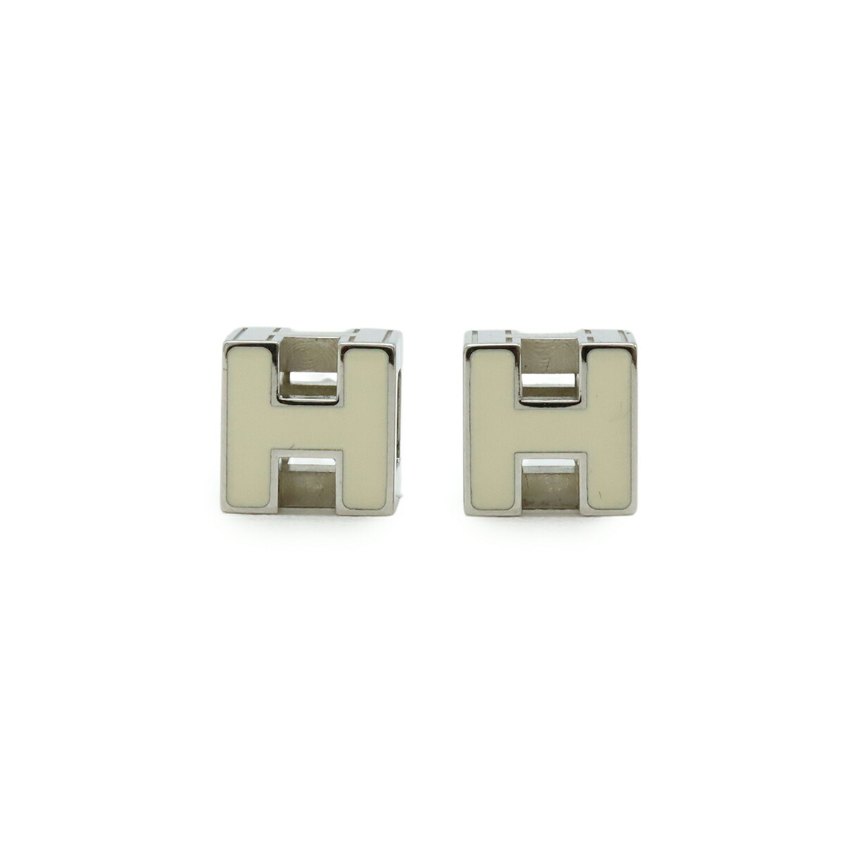 HERMES エルメス カージュドアッシュ Hキューブ Hロゴ ピアス アイボリー シルバー金具 【中古】
