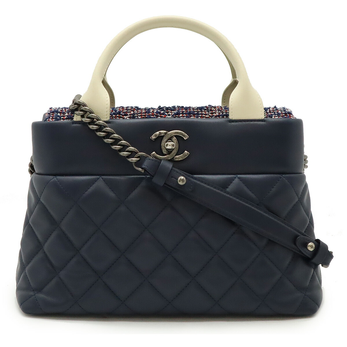 CHANEL シャネル マトラッセ ハンドバッグ 2WAY チェーンバッグ ショルダーバッグ ツイード ネイビー 紺 アイボリー 白 レッド 赤 【中古】