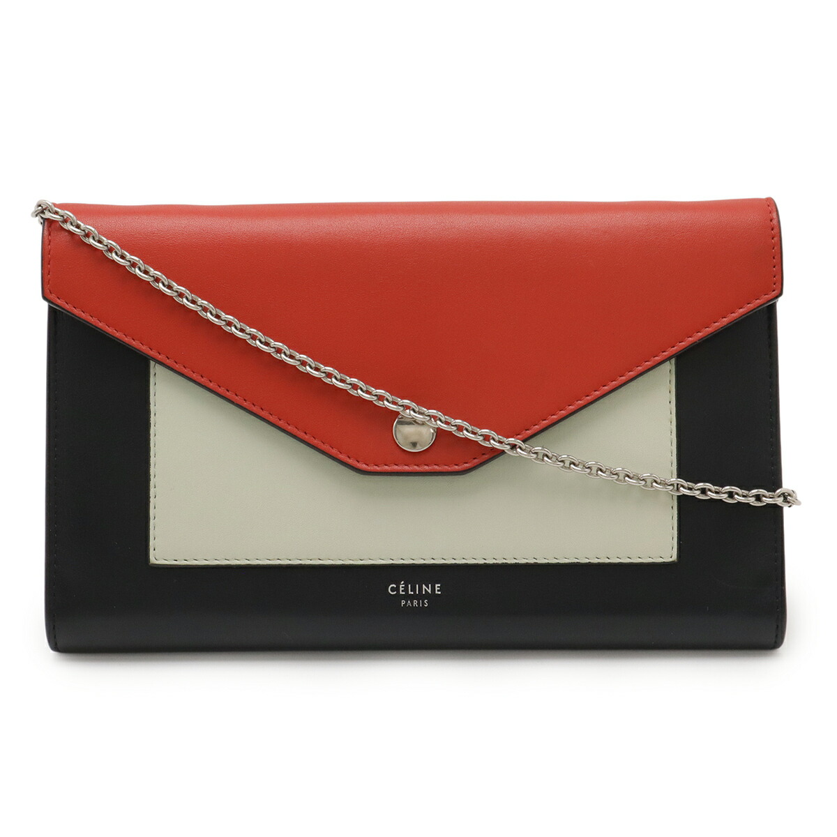 CELINE セリーヌ 衣嚢 ラージフラップ チェーンウォレット ショルダーバッグ 2WAY クラッチペダル なめし革 黒いこと 赤いこと 象牙色 しろがね色金具 【中古】