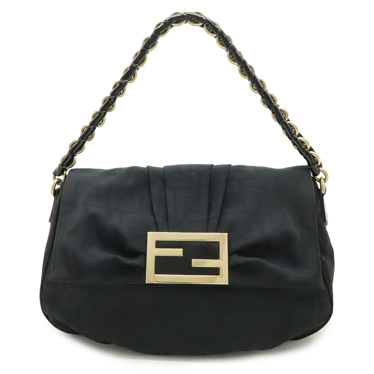 FENDI フェンディ ショルダーバッグ チェーン店 一肩先 肩かけ ズッカ柄 帆布 黒いこと 黒 ゴールド金具 8BR614  【中古】
