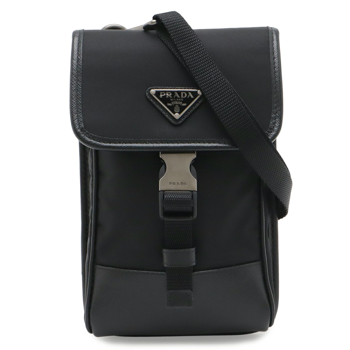 PRADA プラダ ３角形ロゴタイプ スマートフォンケース スマホ ショルダーバッグ 合切袋 2WAY ナイロン NERO 黒 黒いこと しろがね色金具 2ZH109 【中古】