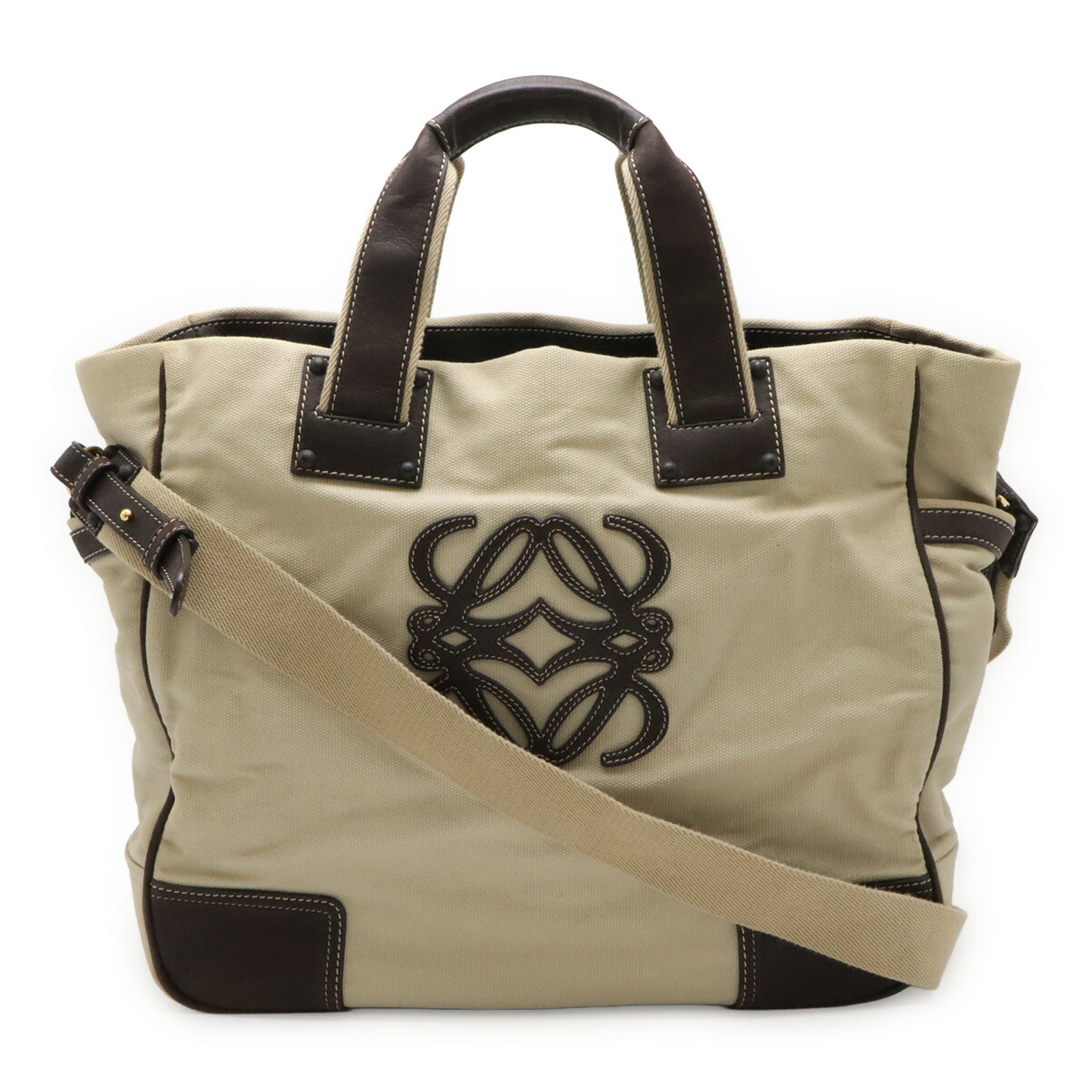 LOEWE ロエベ アナ瓦 トートバッグ  ハンドバック 2WAY ショルダーバッグ  帆布 なめし革 ベージュ 靉靆たる赤銅色 茶  【中古】