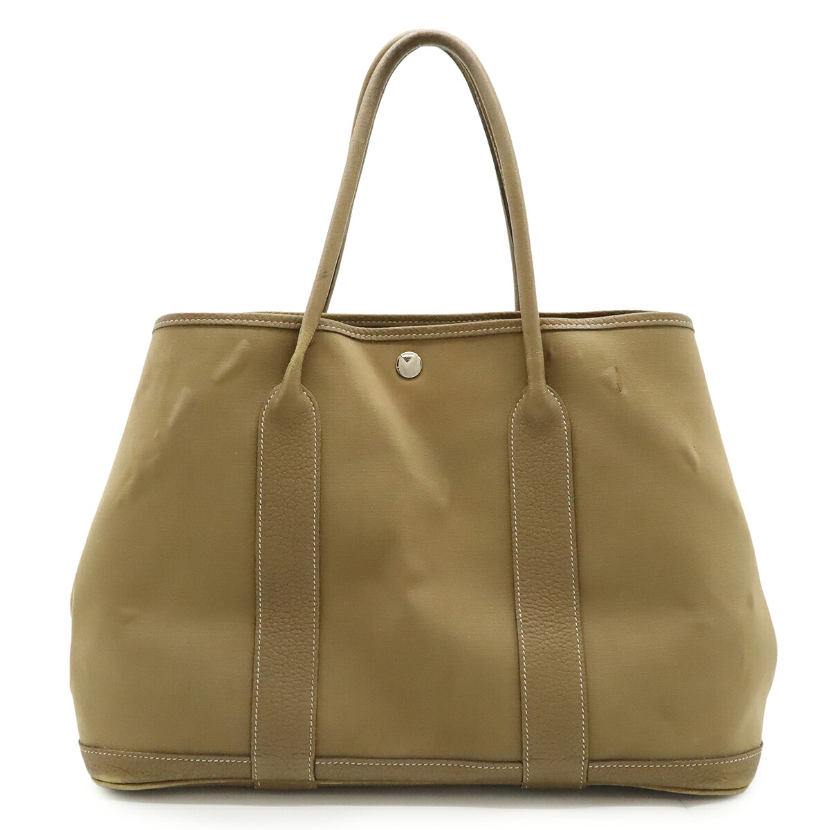 HERMES エルメス ガーデンパーティPM トートバッグ ハンドバッグ トワルオフィシエ キャンバス レザー ブラウンベージュ系 シルバー金具 □Q刻印 【中古】｜Blumin 店