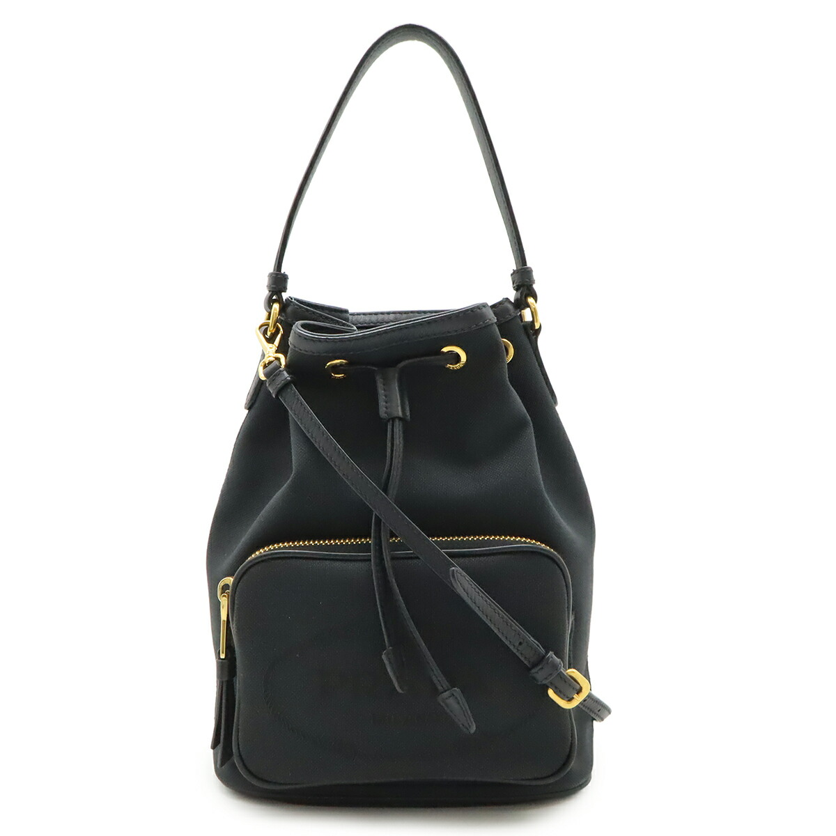 PRADA プラダ ロゴジャガード ハンドバック 井戸釣瓶御徒面子 合切袋 2WAY ショルダーバッグ 帆布 なめし革 NERO 黒 黒いこと ゴールド金具 1BH038 【中古】