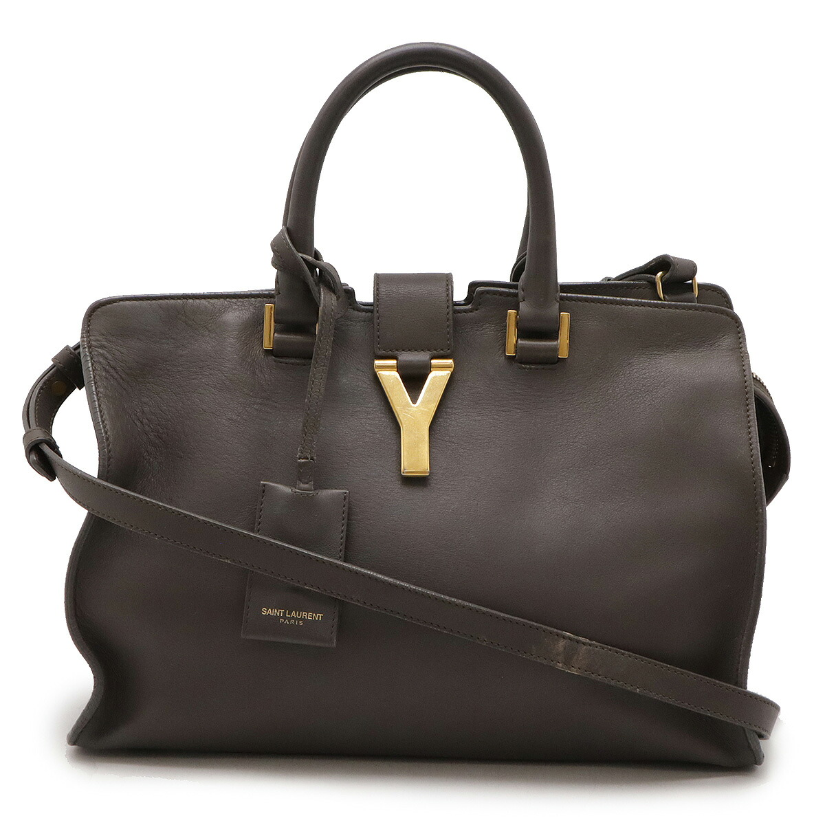 SAINT LAURENT PARIS サン ローラン パリ YSL イブサンローラン Yライン プチカバス ハンドバッグ 2WAY ショルダー レザー グレー 311210 【中古】