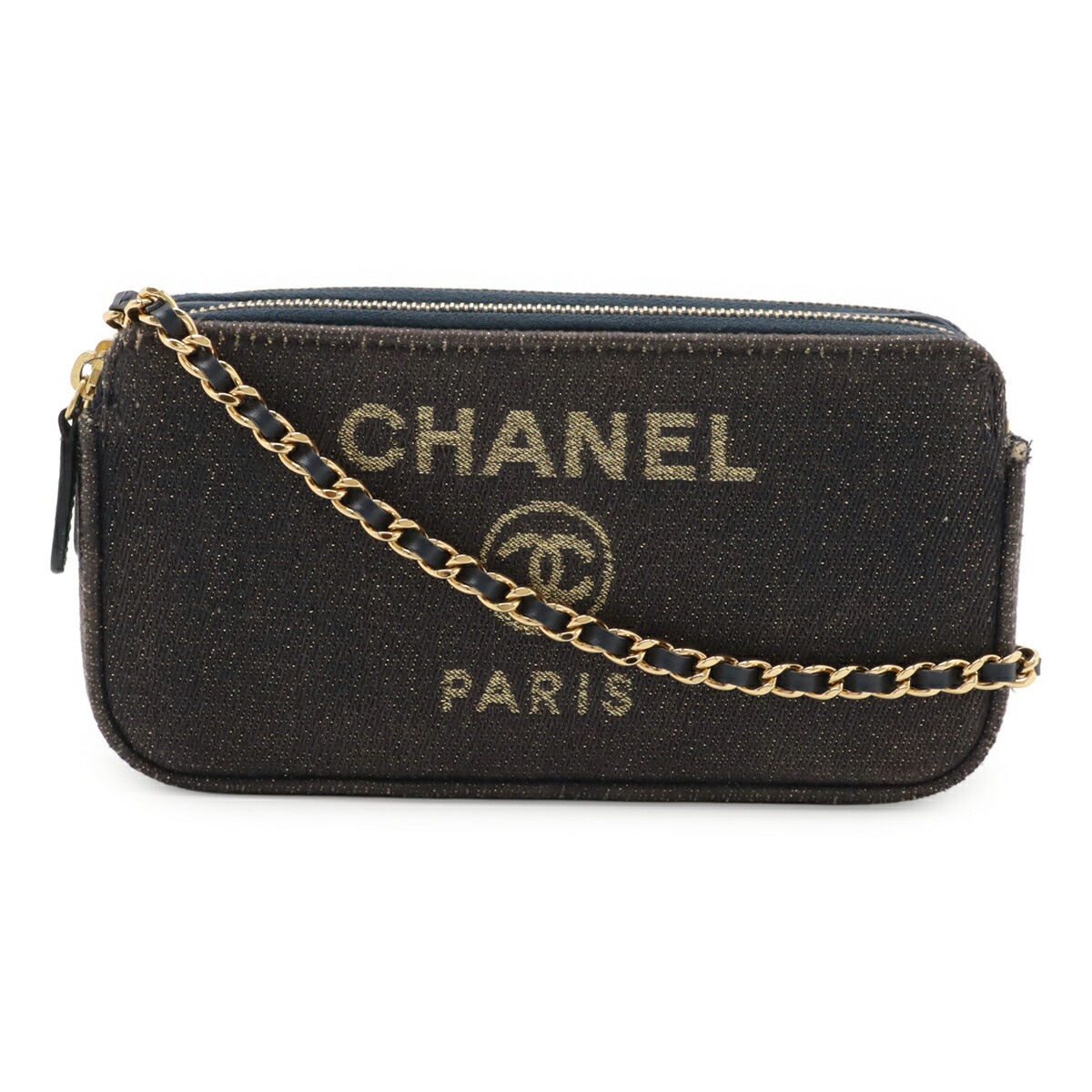 CHANEL シャネル ドーヴィル チェーンウォレット 長財布 クラッチ 2WAY ショルダーバッグ ポシェット キャンバス ラメ ネイビー 紺 ゴールド A81978 【中古】