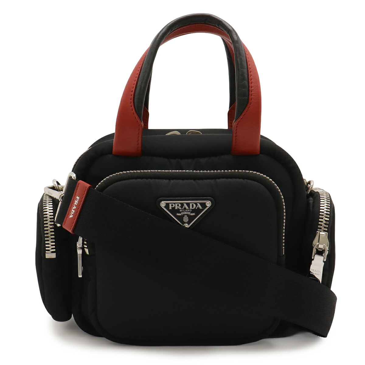 PRADA プラダ トライアングルロゴ ハンドバッグ ミニバッグ 2WAY ショルダーバッグ ナイロン NERO ブラック FUOCO レッド シルバー金具 1BB061 【中古】