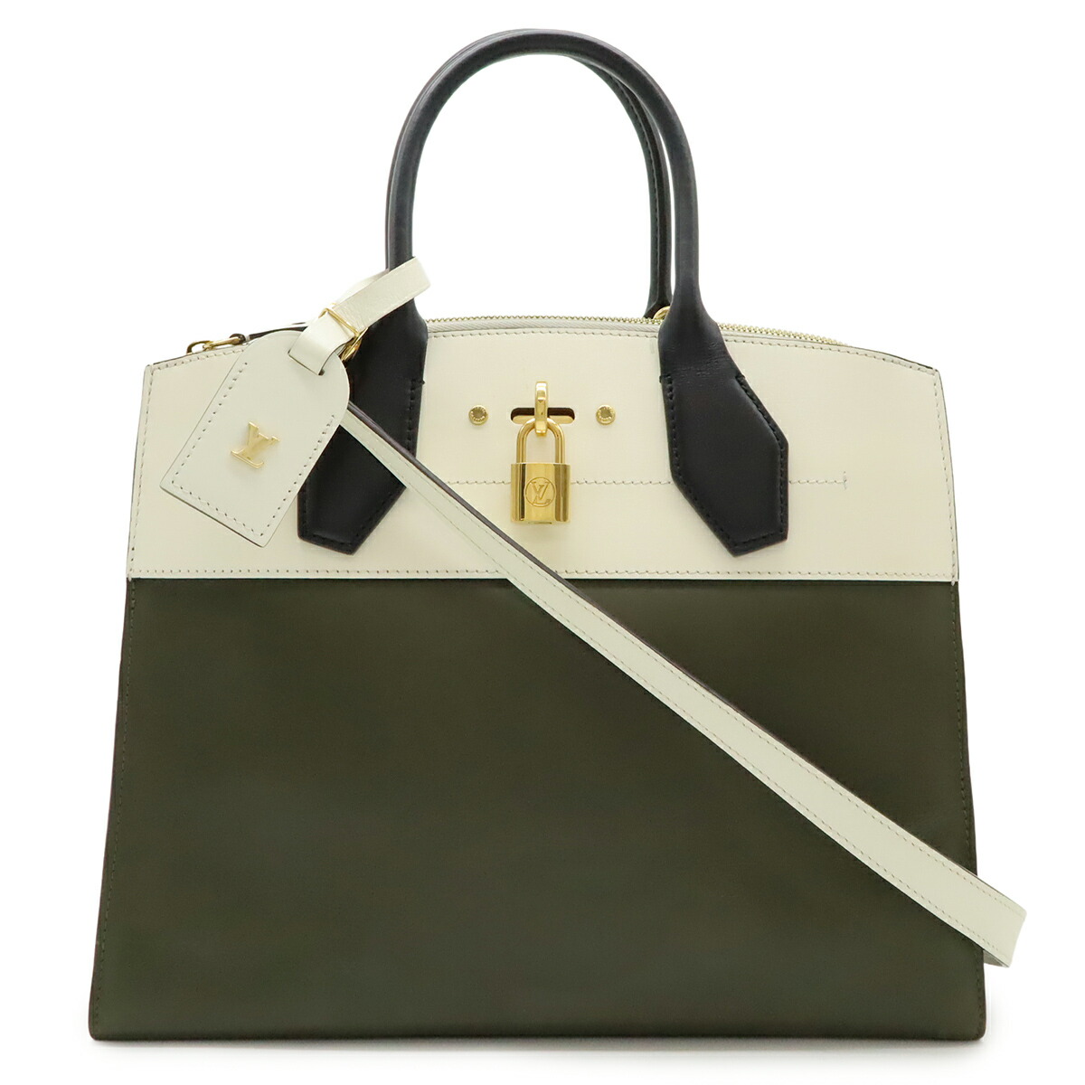LOUIS VUITTON ルイ ヴィトン シティ スティーマーMM ハンドバック 2WAY ショルダーバッグ バイ色つや なめし革 カーキ 象牙色 黒いこと M51035 【中古】