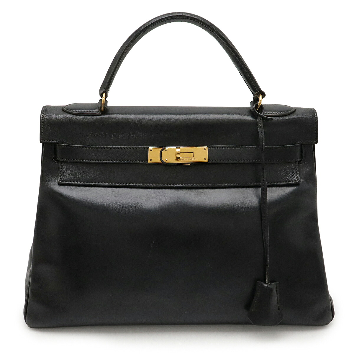 HERMES エルメス ケリー32 ハンドバッグ ヴィンテージ 内縫い ボックスカーフ レザー ブラック 黒 ゴールド金具 〇O刻印 ショルダーストラップ欠品 【中古】