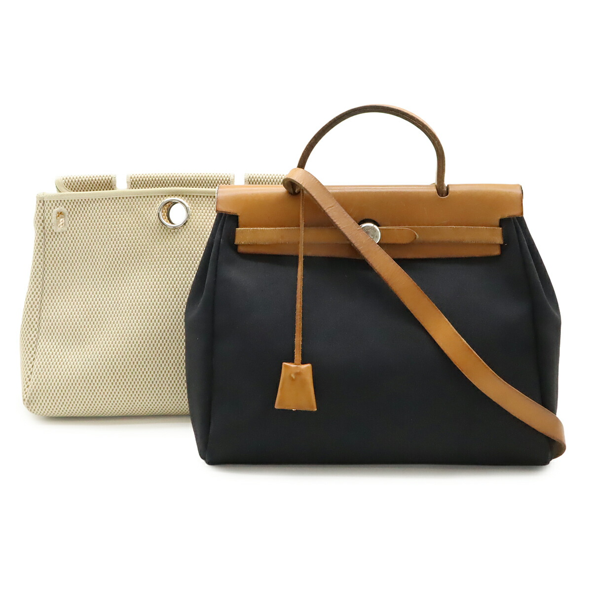 HERMES エルメス 叫びごえ御徒面子PM ハンドバック 2WAY ショルダーバッグ トワルオフィシエ トワルGM なめし革 黒いこと 黒 ベージュ □G目じるし 【中古】