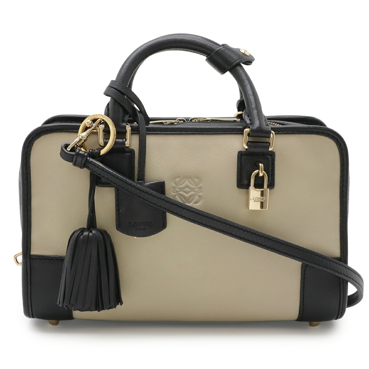 LOEWE ロエベ アマソナ23 アナ瓦 ハンドバック ミニボストンバッグ 2WAY ショルダーバッグ 曲がった掛け なめし革 グレージュ 黒いこと ゴールド金具 【中古】