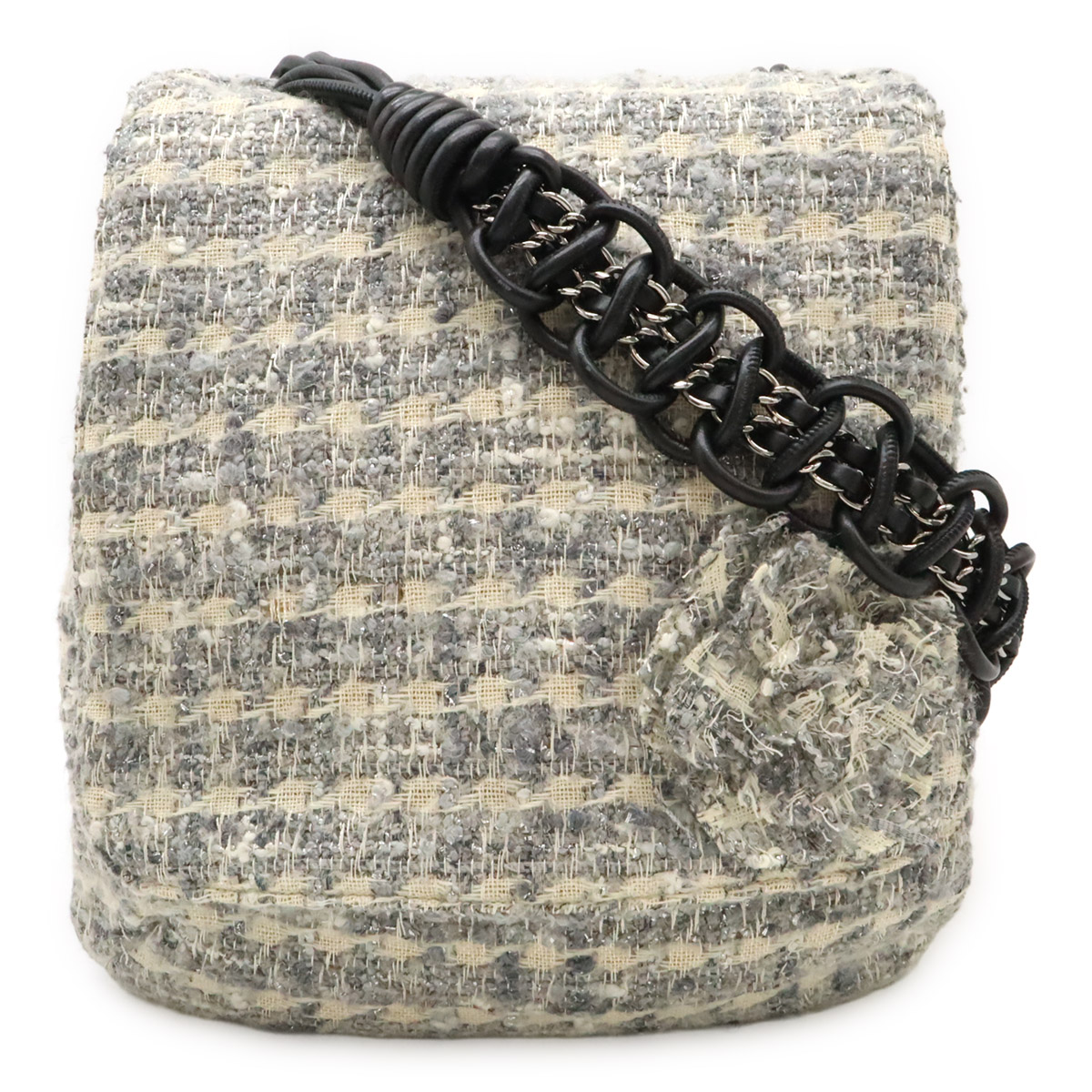 CHANEL シャネル カメリア ツイード チェーンショルダーバッグ 斜め掛け グレー系マルチカラー ブラック シルバー金具 A30216 【中古】