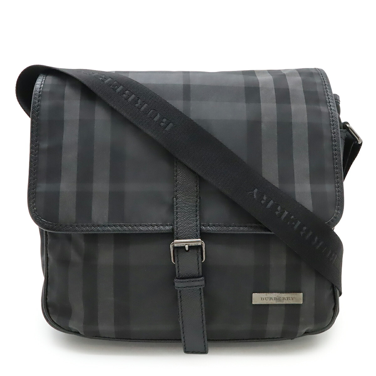 BURBERRY バーバリー チェック柄 メッセンジャーバッグ ショルダーバッグ 斜め掛け ナイロン レザー ブラック 黒 グレー シルバー金具 【中古】