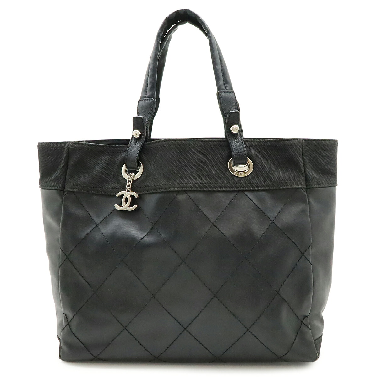 CHANEL シャネル パリビアリッツ トートMM トートバッグ ハンドバッグ コーティングキャンバス ブラック 黒 シルバー金具 A34209 【中古】