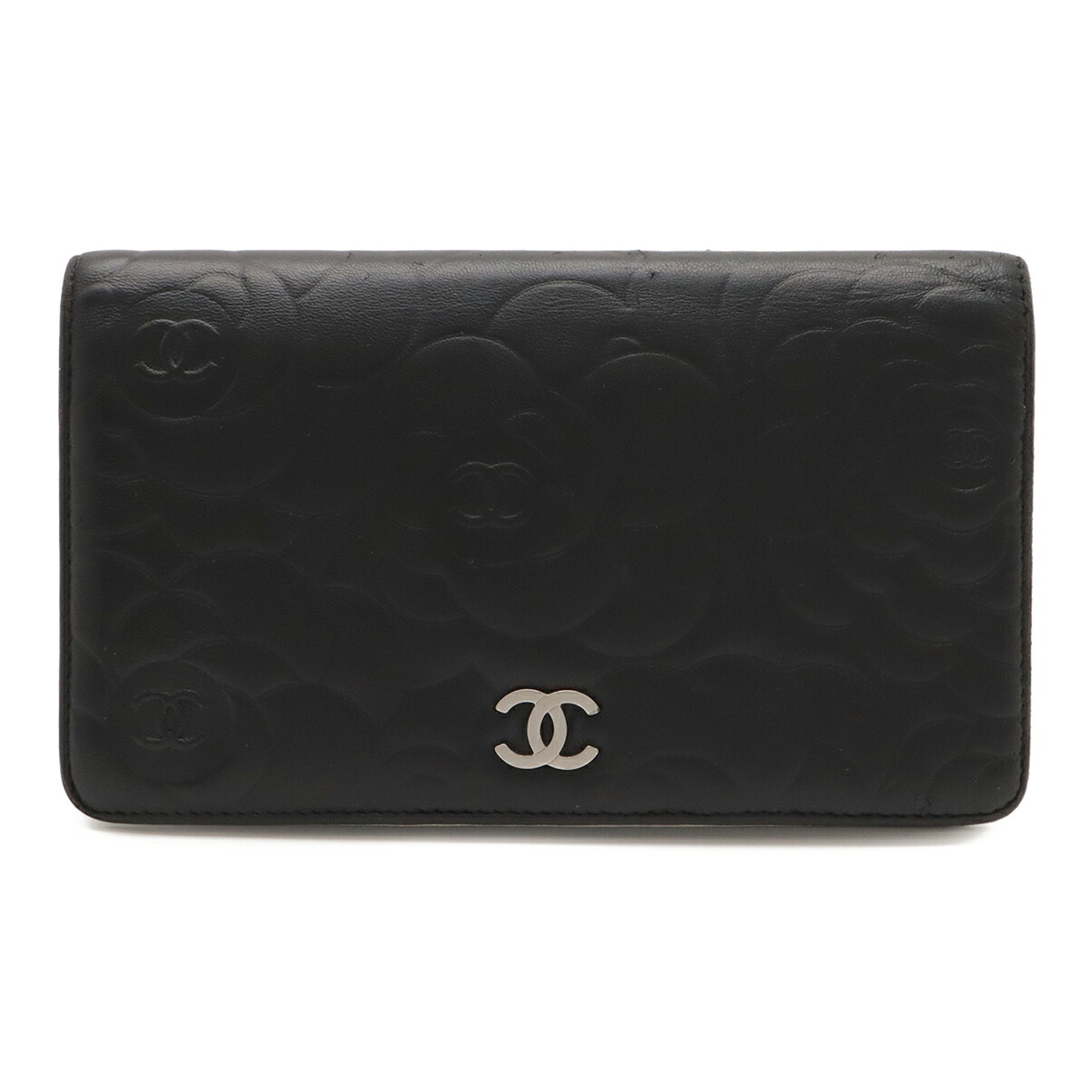 CHANEL シャネル カメリア エンボス ココマーク 2つ折長財布 二つ折り レザー ブラック 黒 シルバー金具 A36544 【中古】 27,160円