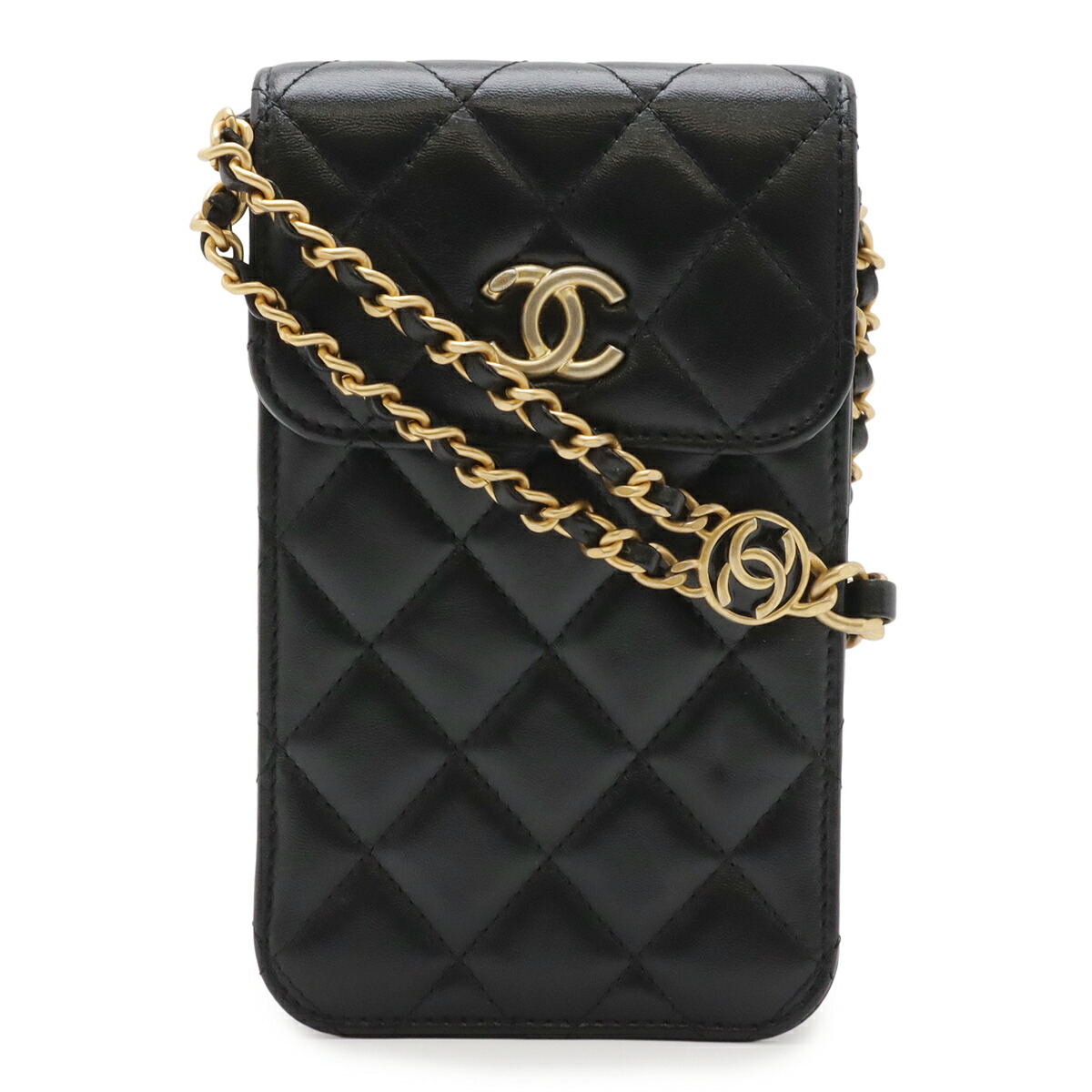 CHANEL シャネル マトラッセ ココマーク チェーン店肩先 電話機入れもの スマホケース 持ちはこび入れもの 子ヒツジ人はだ 黒いこと 黒 ゴールド金具 【中古】