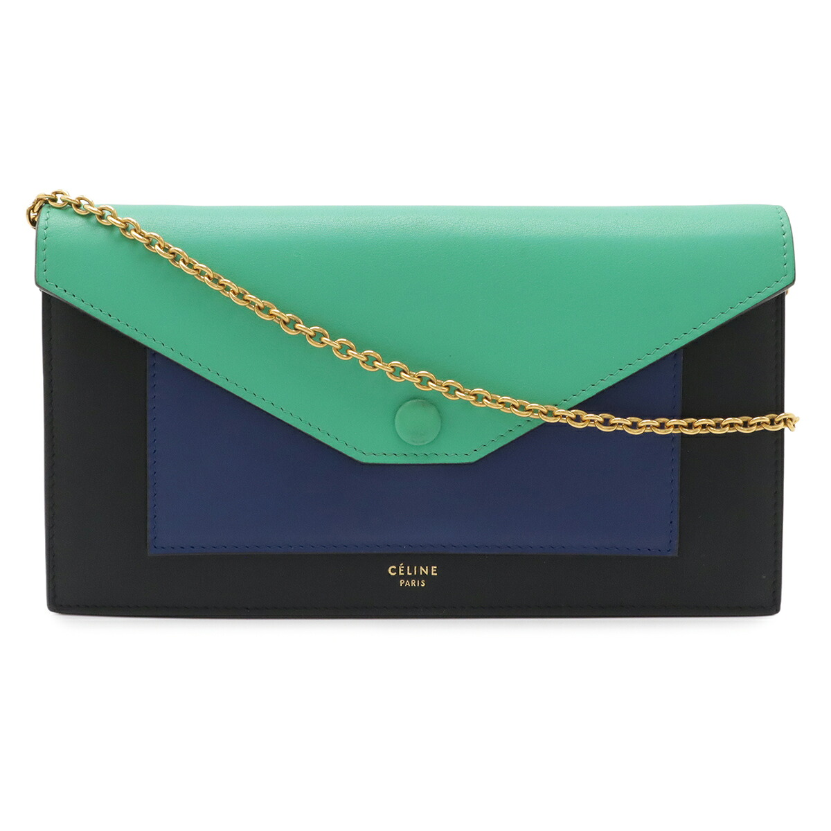 CELINE セリーヌ ポケット ラージフラップ チェーンウォレット ショルダーバッグ 2WAY クラッチ レザー ブラック グリーン ブルー ゴールド金具 【中古】｜Blumin 店