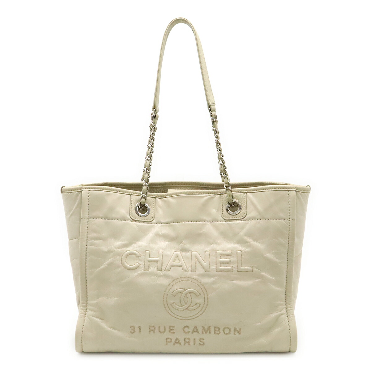 CHANEL シャネル ドーヴィルライン ミディアムトートMM トートバッグ ショルダーバッグ チェーンショルダー レザー ホワイト 白 A93257 【中古】