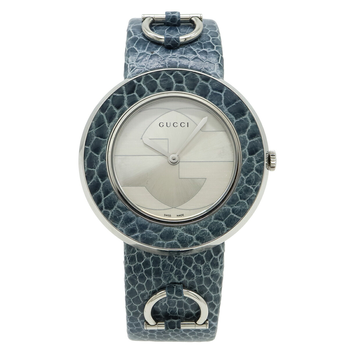 GUCCI グッチ ユープレイ Uープレイ しろがね色文字記号盤 SS 革胴締め レディース 石英 ウォッチ 129.4 YA129418  【中古】