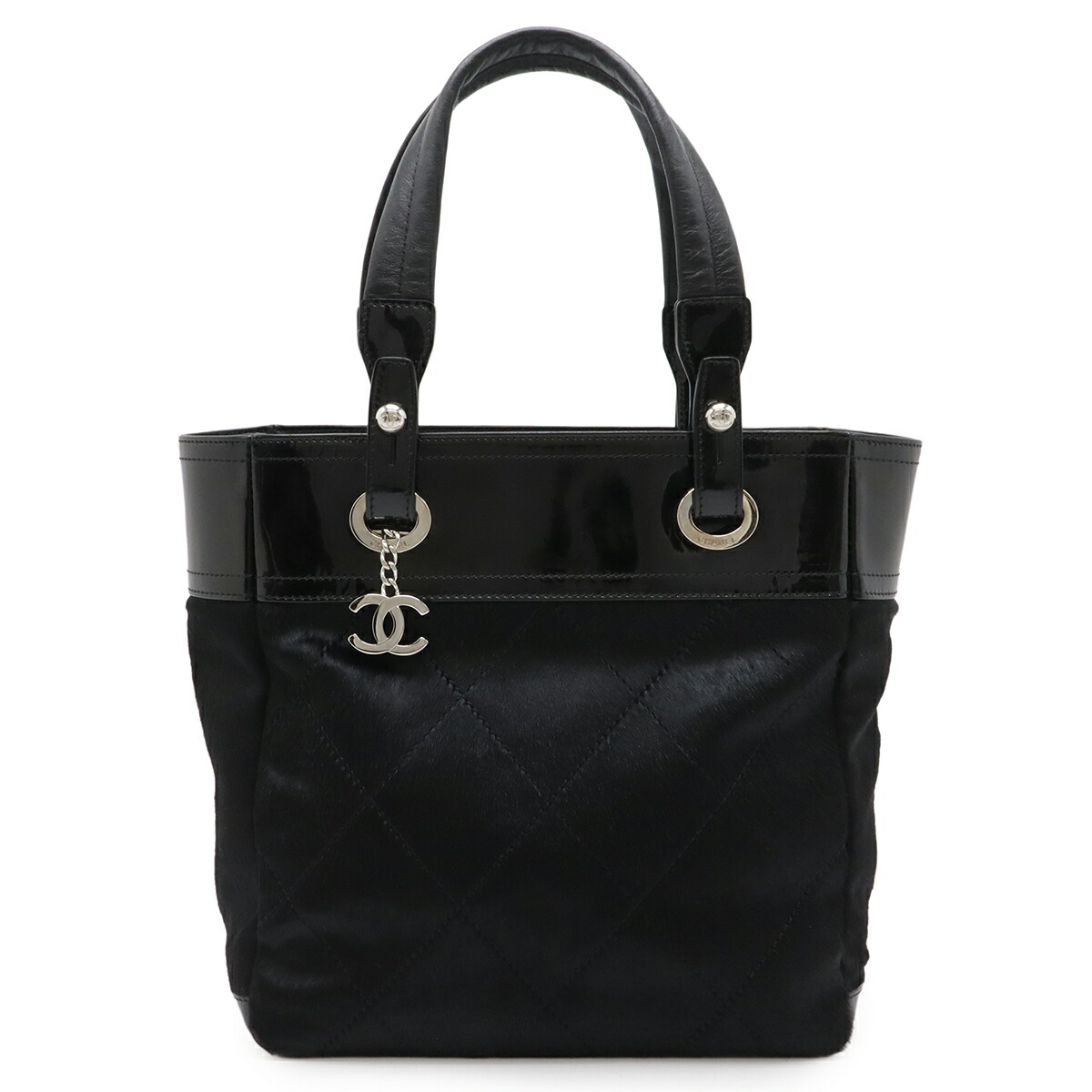 CHANEL シャネル パリビアリッツ トートPM トートバッグ ショルダーバッグ ハラコ エナメル レザー ブラック 黒 シルバー金具 A34208 【中古】