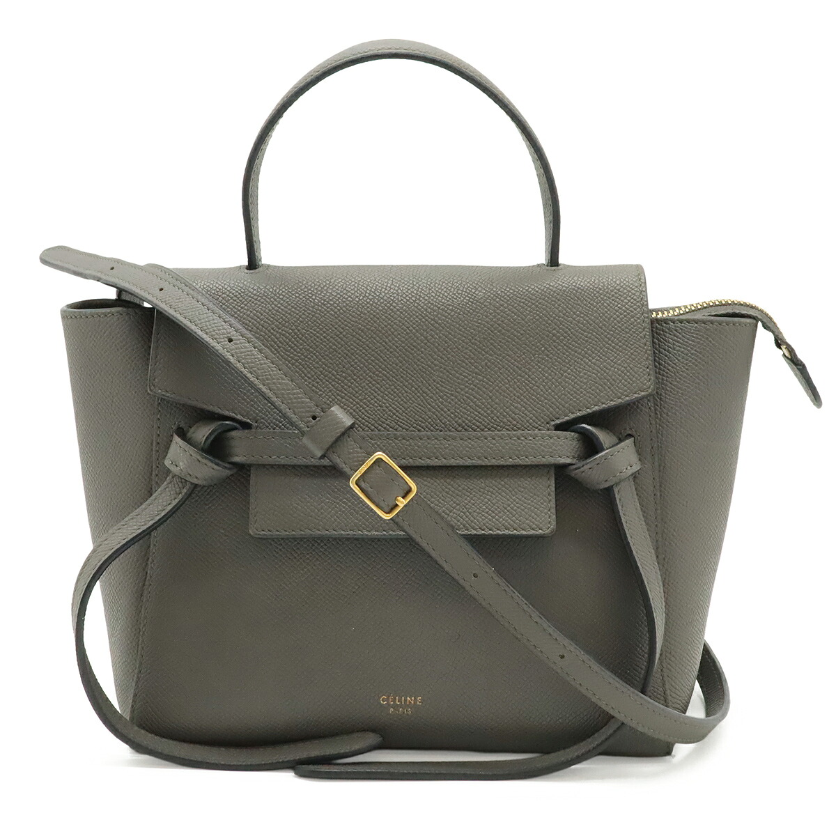 CELINE セリーヌ 三尺帯御徒面子 ナノ ハンドバック ミニ御徒面子 2WAY ショルダーバッグ 曲がった掛け なめし革 薄墨色 ゴールド金具 189003 【中古】