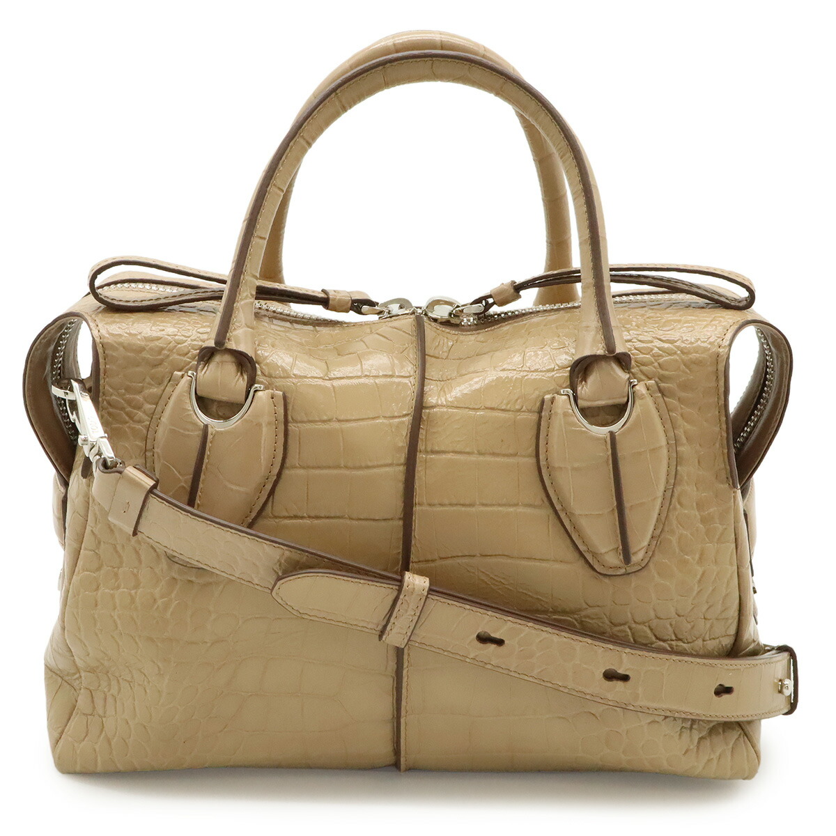 TOD\u0027S トッズ D-styling Dスタイリング D御徒面子 ハンドバック ミニ豆の町 2WAY ショルダーバッグ クロコ型押し なめし革 ベージュ しろがね色金具 【中古】