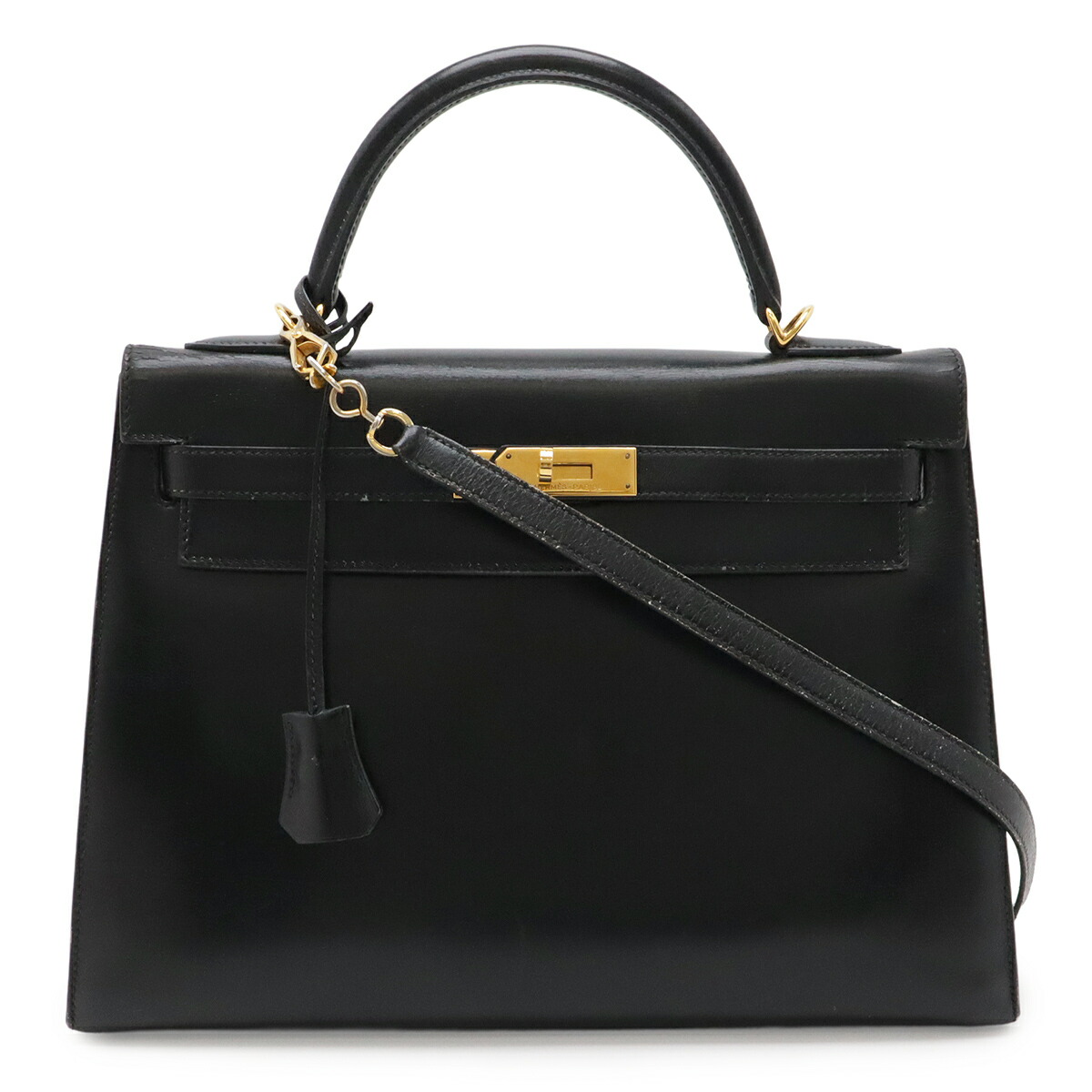HERMES エルメス ケリー32 ハンドバッグ ヴィンテージ 外縫い ボックスカーフ レザー ブラック 黒 ゴールド金具 〇T刻印 【中古】|Blumin 店