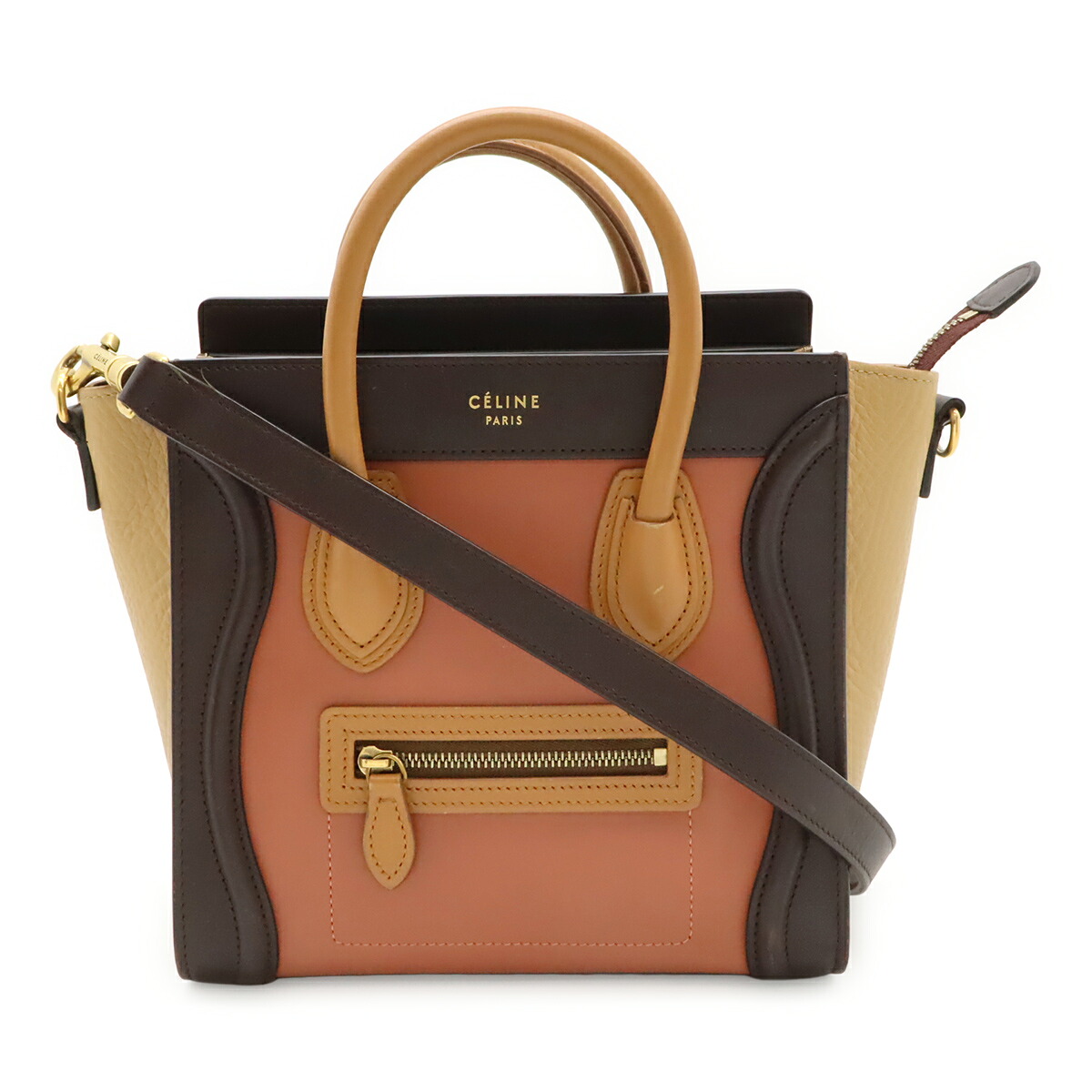 CELINE セリーヌ ラゲージ ナノショッパー ハンドバック ミニ御徒面子 2WAY ショルダーバッグ 曲がった掛け なめし革 ベージュ 赤銅色 サクラ色 168243 【中古】