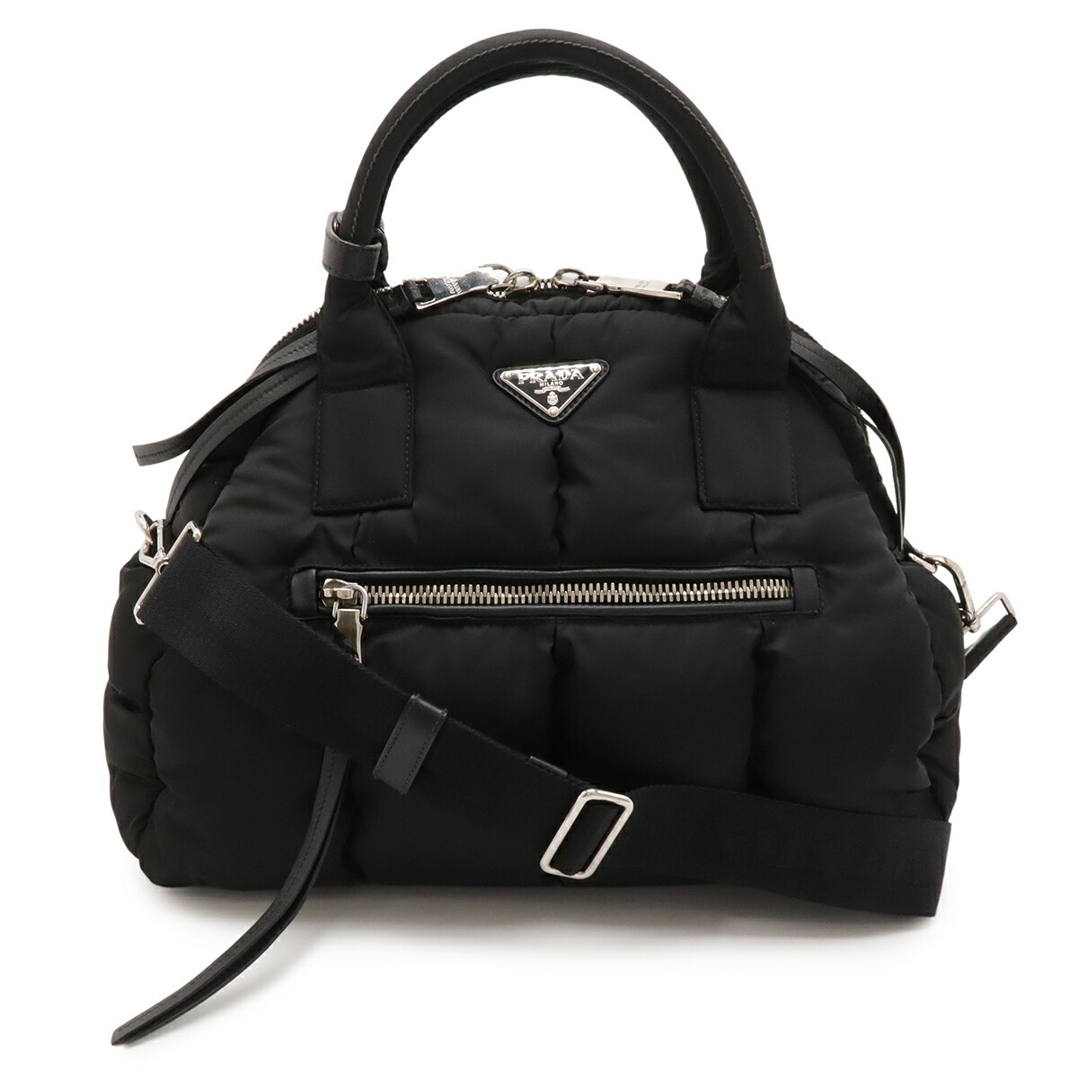 PRADA プラダ テスート ボン赤ちょうちん ハンドバック トートバッグ 2WAY ショルダーバッグ ナイロン なめし革 NERO 黒 黒いこと しろがね色金具 BL0881 【中古】