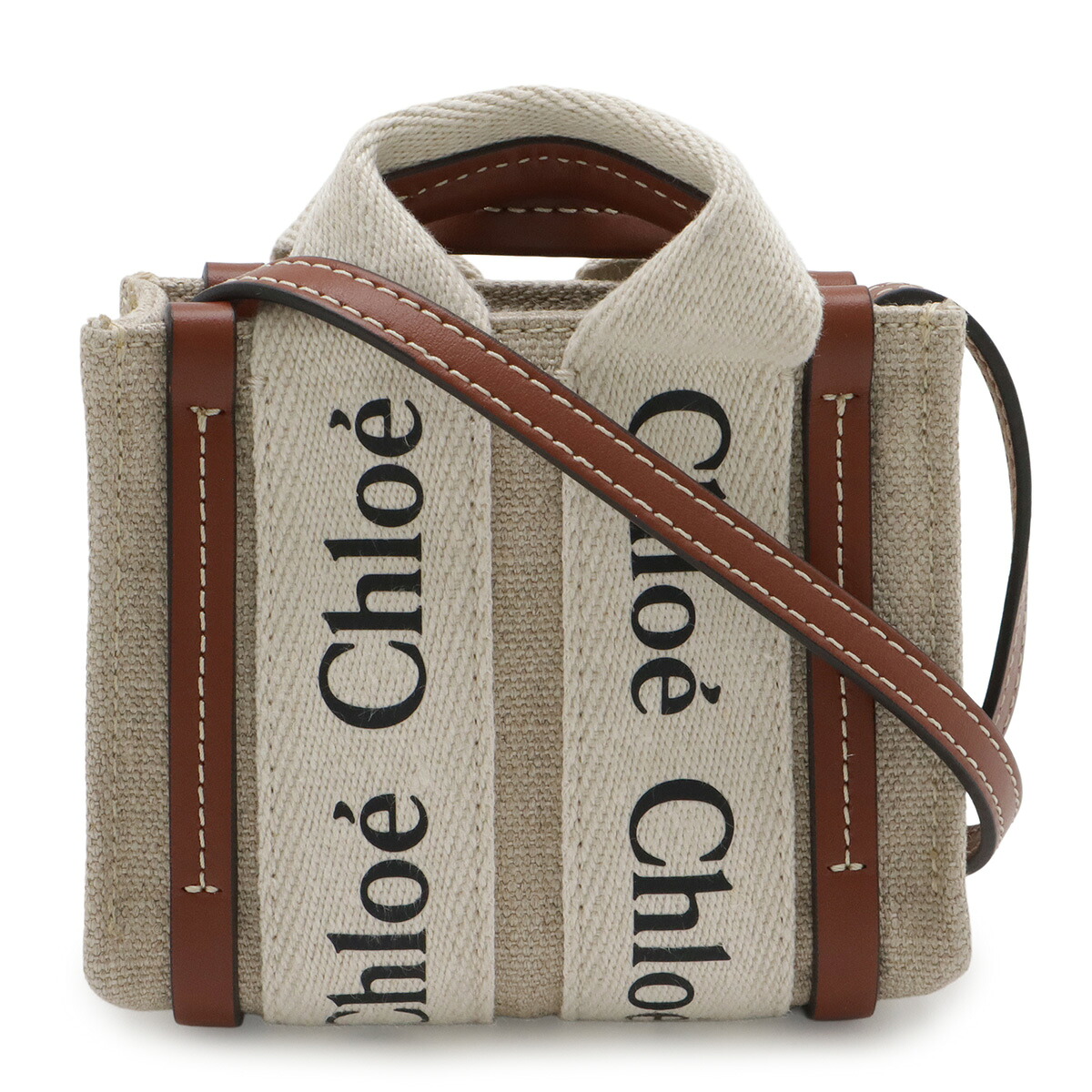 Chloe クロエ Woody ウッディ ナノ トート ミニトートバッグ 2WAY ショルダーバッグ リネンキャンバス レザー ベージュ ブラウン CHC22AP235 【中古】