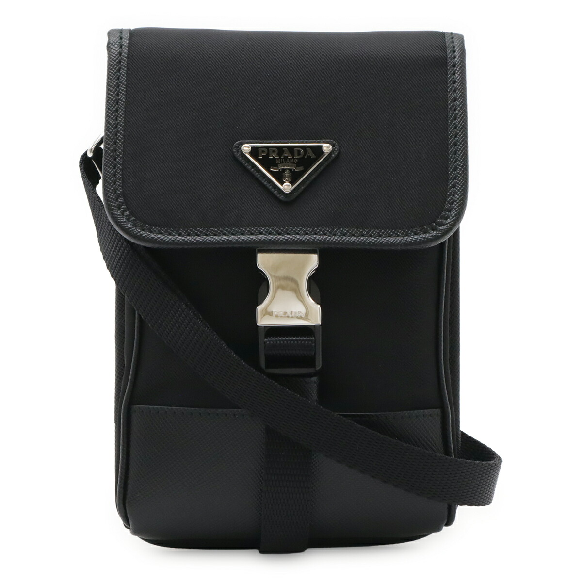 PRADA プラダ ３角形ロゴタイプ スマートフォンケース スマホ ショルダーバッグ 車寄せ 2WAY ナイロン NERO 黒 黒いこと しろがね色金具 2ZH109 【中古】