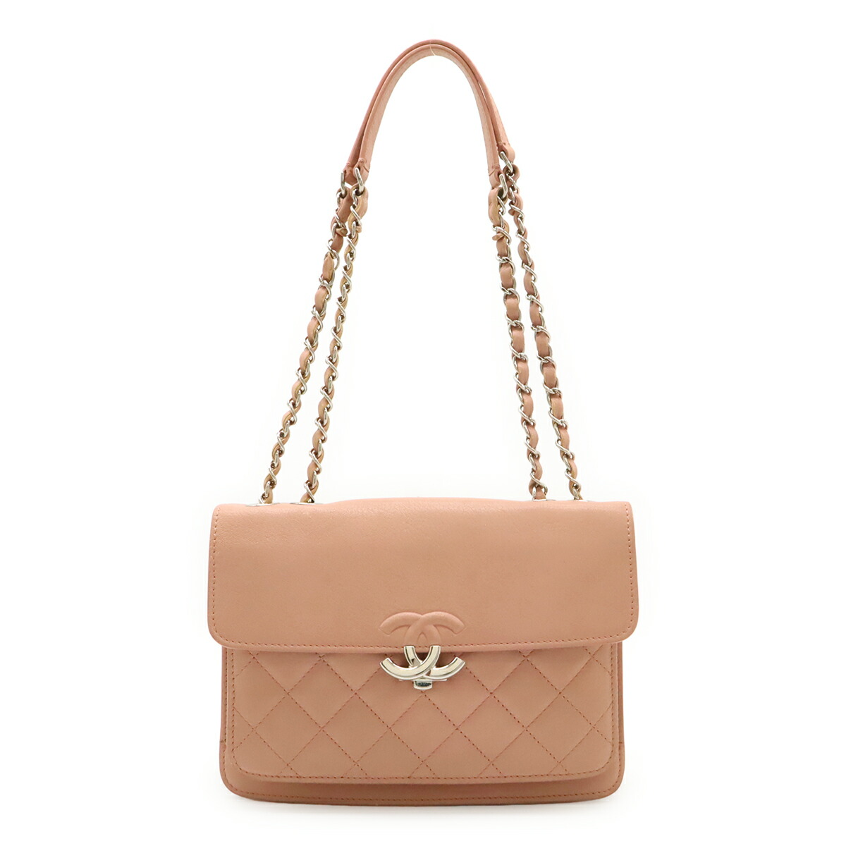CHANEL シャネル ハーフココ ココマーク ダブルチェーンショルダー ショルダーバッグ 肩かけ なめし革 さくら色 しろがね色金具 【中古】