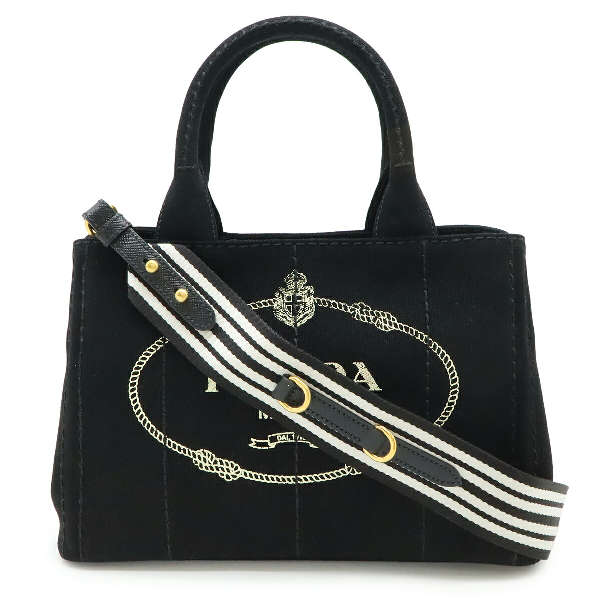 PRADA プラダ CANAPA カナパ トートバッグ 2WAY ショルダーバッグ 縞模様肩肉 曲がった掛け 帆布 NERO 黒いこと ゴールド金具 1BG439 【中古】