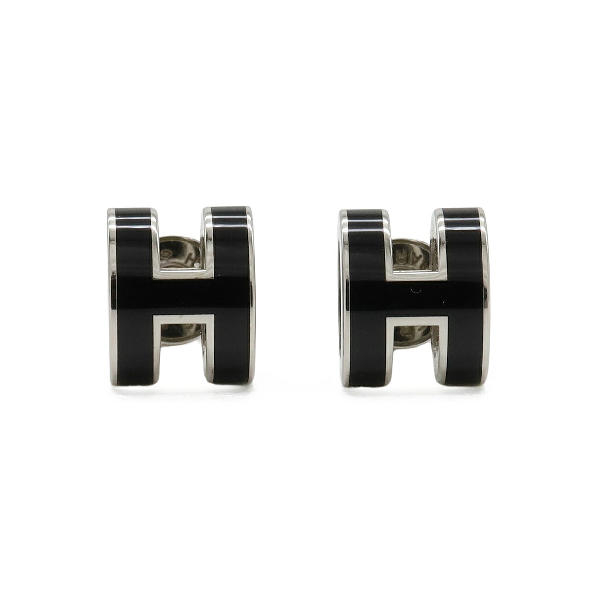 HERMES エルメス ミニ ポップアッシュ ピアス Hピアス メタル ラッカー ブラック 黒 シルバー 【中古】|Blumin 店