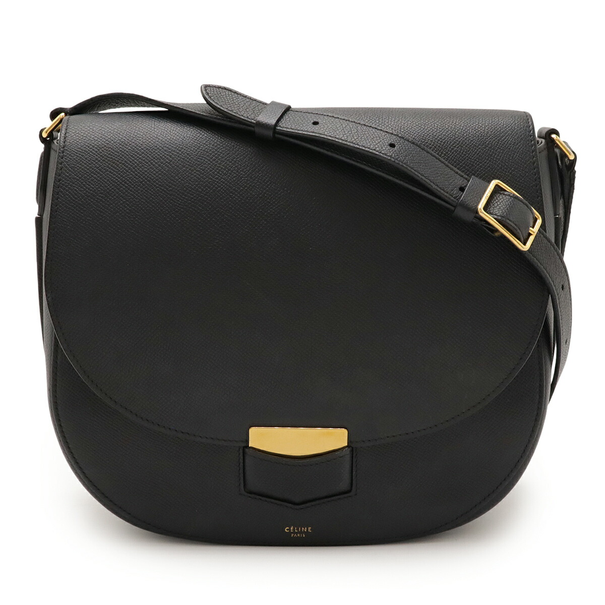 CELINE セリーヌ トロッター 並み並み ショルダーバッグ 曲がった掛け なめし革 黒いこと 黒 ゴールド金具 【中古】