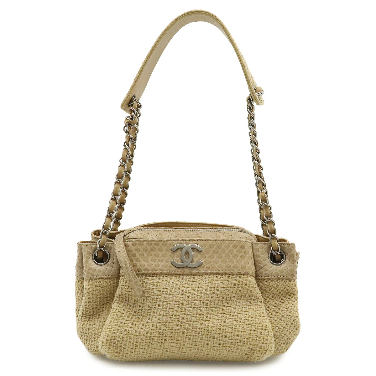 CHANEL シャネル ココマーク パイソン チェーンショルダー ショルダーバッグ キャンバス レザー ライトブラウン ベージュ シルバー金具 【中古】
