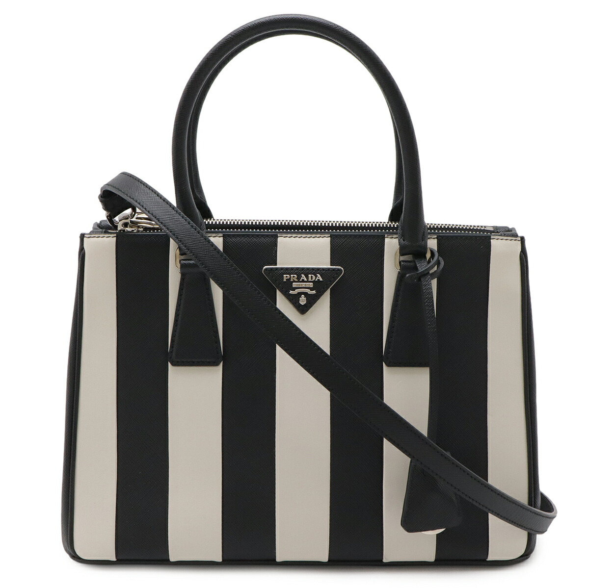 PRADA プラダ ガレリア 縞模様 ３角形 ハンドバック サフィアーノレザー NERO 黒 黒いこと 白いこと 白 国内ブチック買いもとめる品 1BA863 【中古】