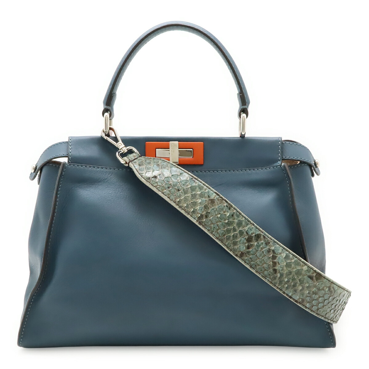 FENDI フェンディ ピーカブー レギュラー ハンドバッグ 2WAY ショルダーバッグ パイソン 斜め掛け レザー ブルー系 シルバー金具 8BN290 【中古】|Blumin 店