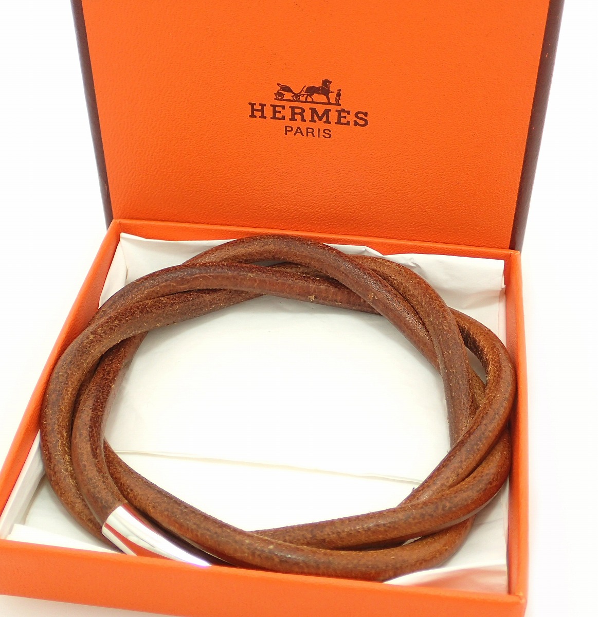 楽天市場 ジュエリー Hermes エルメス トルネード レザー ブレスレット バングル シルバー色金具 ブラウン 中古 U Blumin 楽天市場店