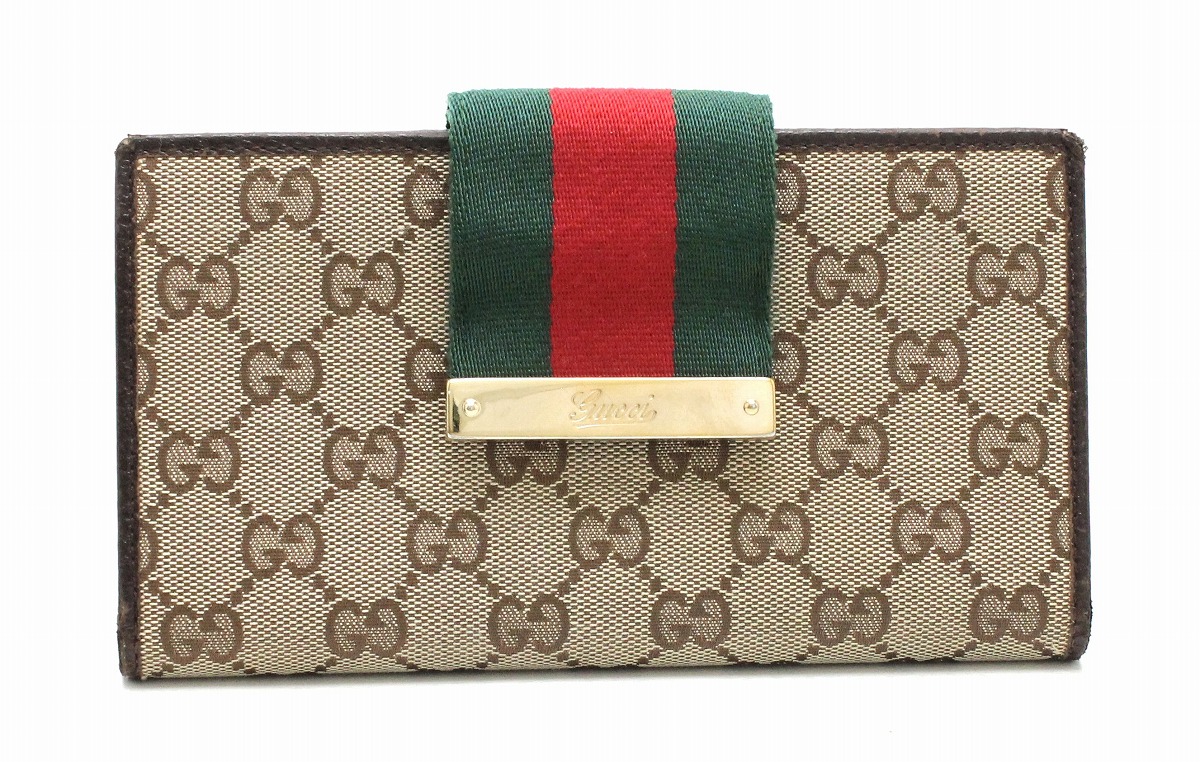 【楽天市場】【財布】GUCCI グッチ GGキャンバス シェリーライン 2つ折 長財布 カーキベージュ 茶 ブラウン ゴールド金具