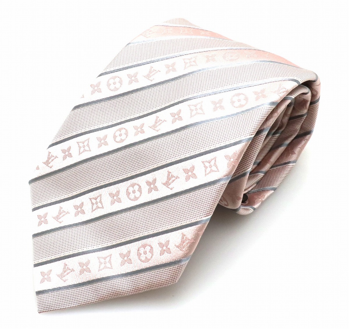 楽天市場 アパレル Louis Vuitton ルイ ヴィトン ロゴ モノグラムフラワー 斜めストライプ ネクタイ シルク100 ピンク シルバーグレー クリーニング済み 中古 S Blumin 楽天市場店