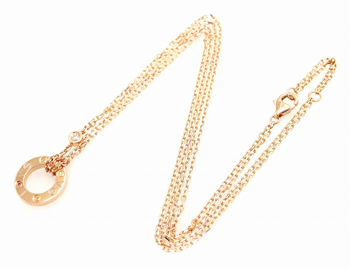 ジュエリー サークル サークル カルティエ ラブ L8ve Love Cartier ネックレス カルティエ K18pg ネックレス ダイヤモンド 新品仕上げ済 ペンダント ピンクゴールド ピンクサファイア 10年クリスマス限定品 2100 中古 S Blumin 店ｓランク品